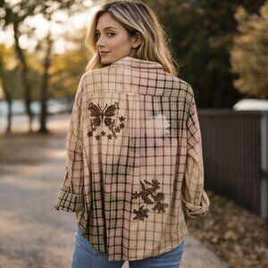 Trader Bay Men L Distressed Bleached Flannel Button Shirt Black Tan Plaid